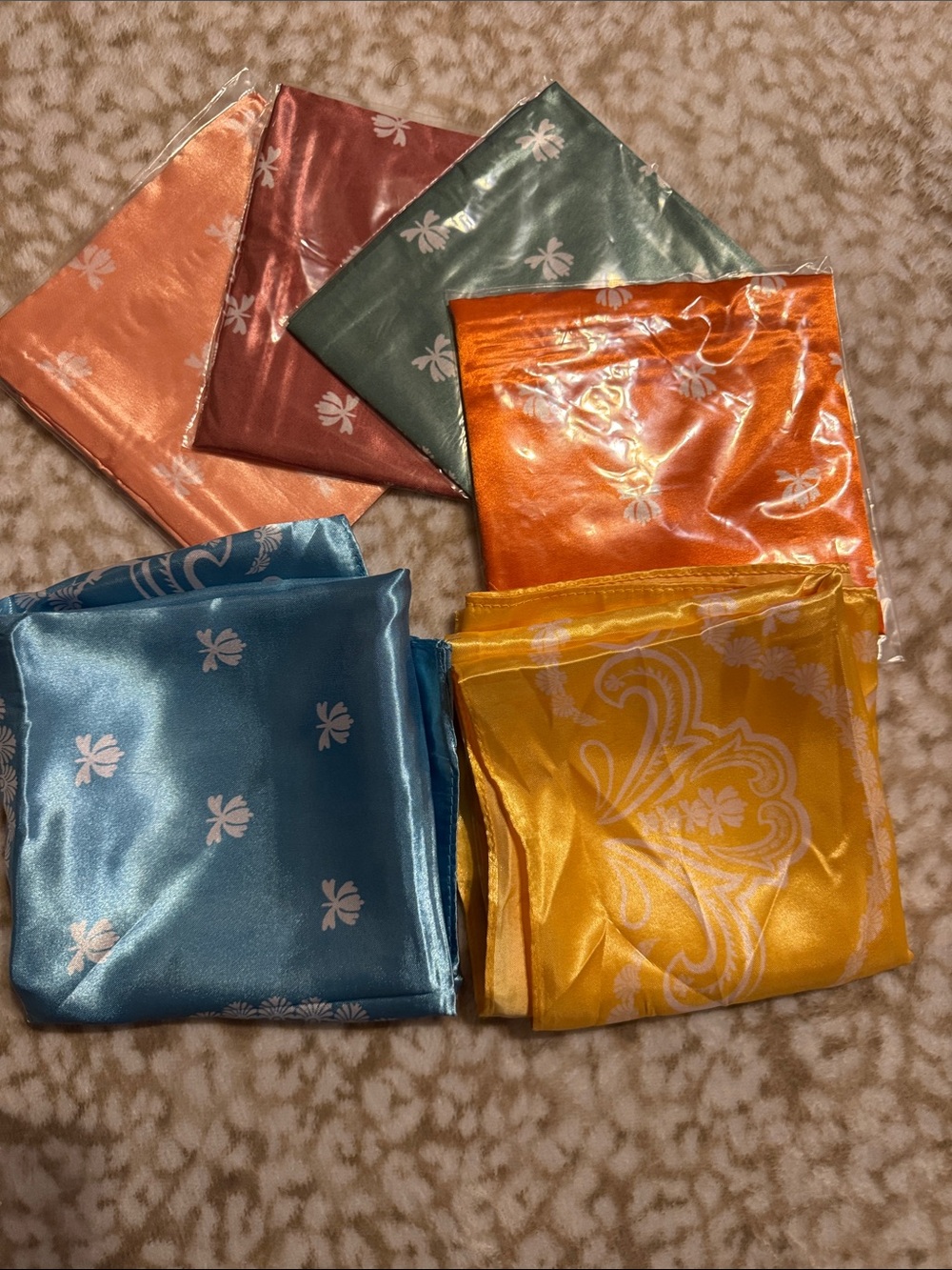 NEW Pack of Six Satin Floral Scarves - Orange, Teal, Rose, Peach, Blue, Yellow